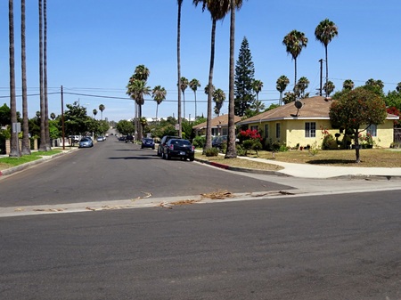 Looking down Wall Street residential neighborhood in Carson, palm trees line the street and surrounding homes