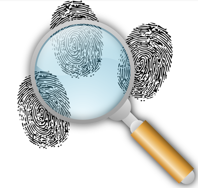 Three fingerprints with a magnifying glass on top