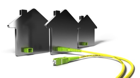 A graphic illustration that illustrates a fiber ethernet cord plugged into the back of a model home