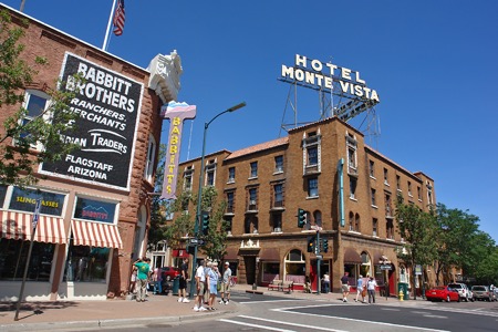 Downtown Flagstaff under daytime blue skies