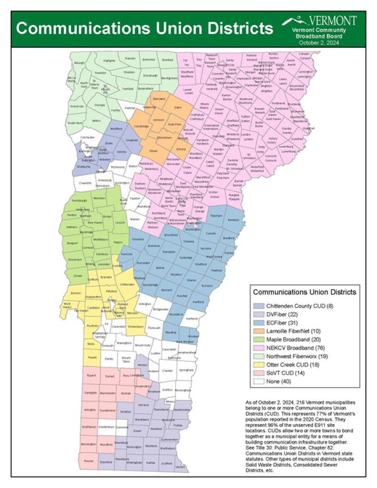 A map that shows Vermont broken into nine different colored regions showing each of the state's nine CUDs